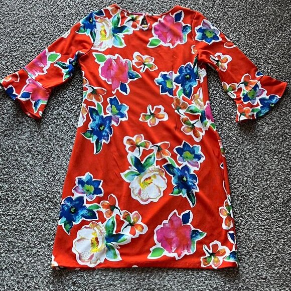 ILE New York Red Floral Midi Dress Womens 14 Bell Sleeves Tropical Whimsical - Picture 4 of 8